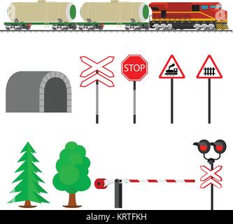 Bahnverkehr Weise und mit Kesselwagen Zug. Eisenbahn Zug Transport. Bahntechnik mit Zeichen, Barrieren, Alarme, Ampel. Flache ico Stock Vektor