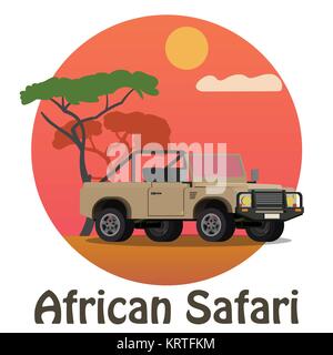 African Safari - Touristische Jeep auf dem Hintergrund der Savanne. Vektor Konzept. Stock Vektor