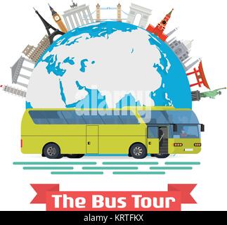 Vektor konzeptionelle Illustration - Der Bus Tour durch Europa und beliebten bekannten Wahrzeichen. Globus mit Denkmälern und grüne touristische Bus. Stock Vektor