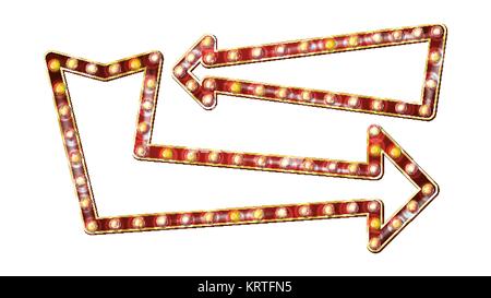 Retro Pfeile Billboard Vektor. Leuchtende Pfeil Licht Schild. Realistische/-Lampe. Vintage Golden leuchtet Neon Licht. Karneval, Zirkus, Casino Stil. Isolierte Abbildung Stock Vektor