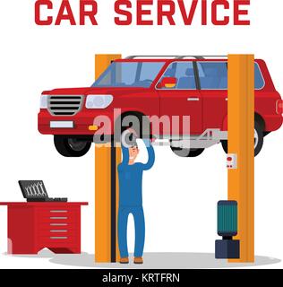 Auto - Auto Wartung Reparatur und Diagnose. Reifenmontage service und Tuning. SUV von Twin post Aufzüge angehoben. Vector Illustration. Stock Vektor