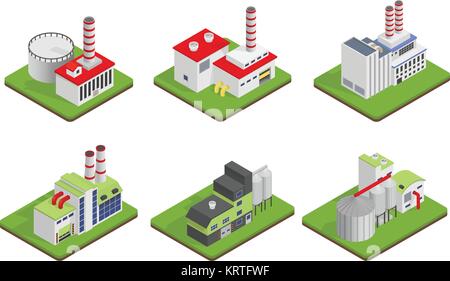 Symbole und Kompositionen von Industrial Building, isolierte Konstruktionen, Themen, isometrische Ansicht, 3 D. Vektor für die Industrie. Stock Vektor