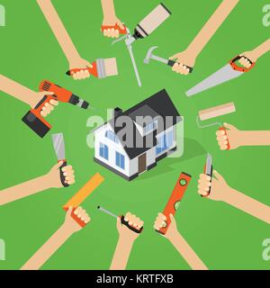 Hände mit Home repair diy Renovierung Hausarbeit Werkzeuge flach Vector Illustration mit isometrischen Haus Stock Vektor