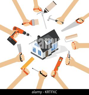 Hände mit Home repair diy Renovierung Hausarbeit Werkzeuge flach Vector Illustration mit isometrischen Haus Stock Vektor