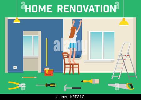 Zimmer Reparatur im Hause. Innenrenovierung in Wohnung und Haus. Mädchen sticks Tapete im Zimmer. Flat Style Vector Illustration. Stock Vektor