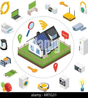 Smart Home. Isometrische Design Vector Illustration Konzept des Smart house Technology System mit zentraler Steuerung. Stock Vektor