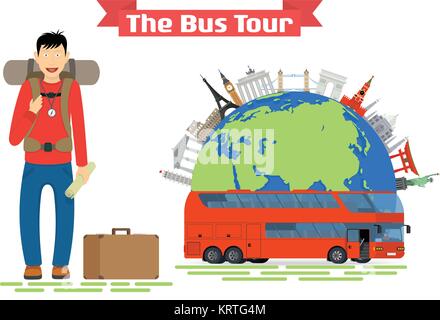 Vektor konzeptionelle Illustration - Touristische geht an die Bus Tour durch Europa und beliebten bekannten Wahrzeichen. Globus mit Denkmälern und grüne touristische Bus. Stock Vektor