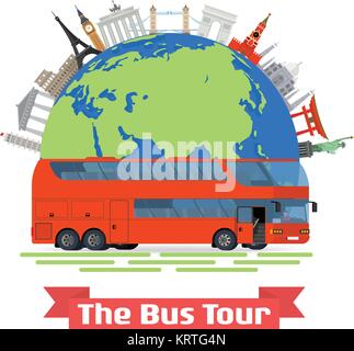 Vektor konzeptionelle Illustration - Der Bus Tour durch Europa und beliebten bekannten Wahrzeichen. Globus mit Denkmälern und grüne touristische Bus. Stock Vektor