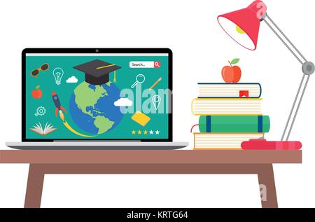 Online Bildung Konzept. Laptop mit geöffneten Text Dokument neben Abgelegte Bücher, Mörtel board student Cap, Bleistifte und Gläser. Flat Style Vektor krank Stock Vektor