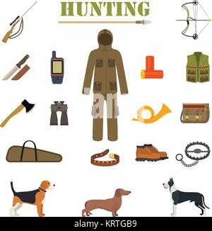 Jagdausrüstung Kit mit Gewehr, Messer, Anzug, Schrotflinte, Stiefel, Vetternwirtschaft usw. Jagdhunde. Vector Illustration Stock Vektor