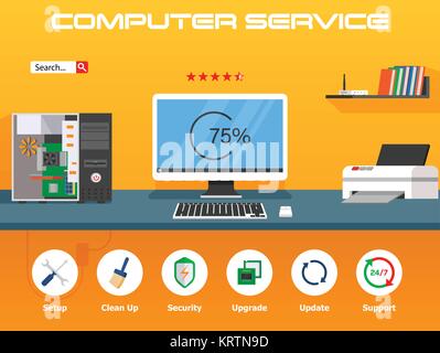 Wunderschönen bunten Flachbild Vektor banner auf das Thema Reparatur einen Desktop-Computer, Computer aufrüsten, Computer und aktualisieren. Vector Illustration. Stock Vektor