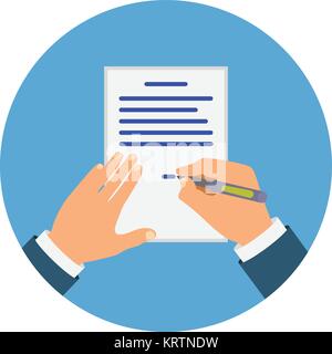 Farbige Cartooned Hand unterzeichnen Vertrag Grafik Design auf blauem Hintergrund. Stock Vektor