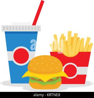 Mit Pommes, Hamburger und Soda auf isolierten Hintergrund Mittagessen zum Mitnehmen. Fast food. Vektor flache Bauform. Vector Illustration Stock Vektor