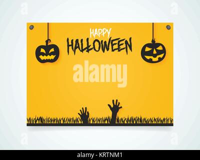 Happy Halloween Poster. Kürbisse im Mondlicht. Hände Zombies aus dem Boden. Vector Illustration. Stock Vektor