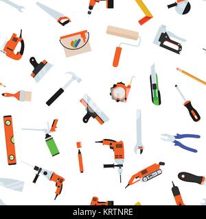 Nahtlose Muster mit Werkzeugen für die Reparatur. Vector Illustration. Roller, Pinsel, Farbe, Stift, Werkzeug, hammer Maßband Spachtel Bleistift Stock Vektor