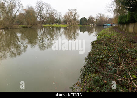 Die Themse und Runnymede Wiese / Flut schlicht an einem kalten feuchten grauen Wintertag / Wintertag, mit schlammigen Pfad / Fuß Weg. Runnymede, Surrey. VEREINIGTES KÖNIGREICH. Stockfoto