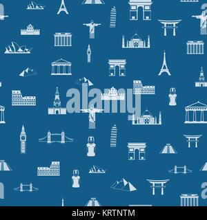 Nahtlose Muster der Attraktionen der Welt, Maßbild für Ihre Anwendung. Der bekannteste Ort für Reisen Stock Vektor