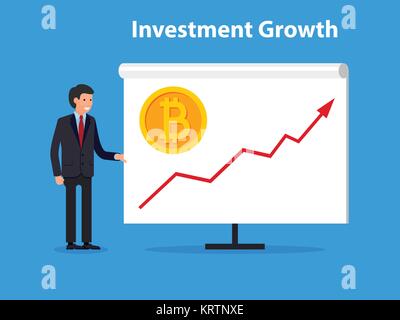 Business mann Aufwärtstrend Linie Pfeil Investitionen für bitcoin und blockchain. Flache Bauweise der neuen Technologie. Stock Vektor
