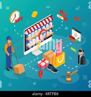 Online Shopping mit Desktop-PC. Konzept e-commerce Plakat mit Lieferservice und Customer Support Chat Service. 3D-isometrische Vector Illustration. Stock Vektor