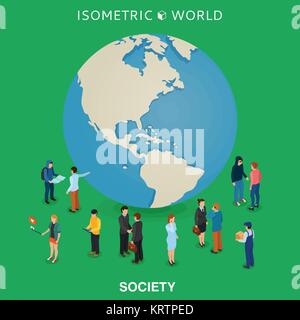 Weltweit kosmopolitischen Globalisierung Flachbild 3d web isometrische Infografik Konzept Vektor. Micro Menschen herum stehen riesige Erde Globus. Isomet Stock Vektor