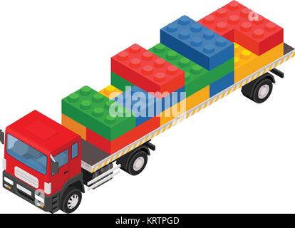 Vereinigte Fracht. Isometrische roten großen Lkw mit Anhänger und Kunststoff Ziegel. Low-poly-Stil. Stock Vektor