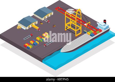 Vektor isometrische Cargo Container schiff und Kran Konzept mit Laden von Containern. Cargo Terminal mit Containerschiff verladen. Lager in der Nähe von mit. Stock Vektor