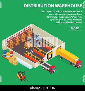 Großes Auslieferungslager mit Arbeitern, das Be- und Entladen der Lkws. Isometrische industrielle Gebäude. Farbige im volumetrischen Stil Vektor illustrati Stock Vektor