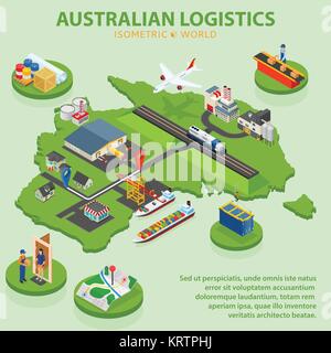 Australische Logistik - Wohnung 3 d isometrische Vector Illustration. Weltweiter Versand und Logistik Infografik. Verteilung der Güter auf der ganzen Welt Stock Vektor