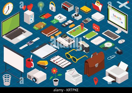 Große isometrische Volumetrische von Symbolen auf das Thema der Computertechnik und Büroausstattung. Stock Vektor