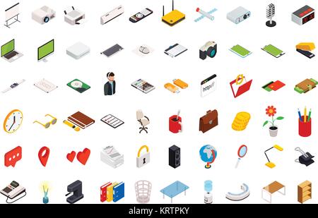 Große isometrische Volumetrische von Symbolen auf das Thema der Computertechnik und Büroausstattung. Stock Vektor