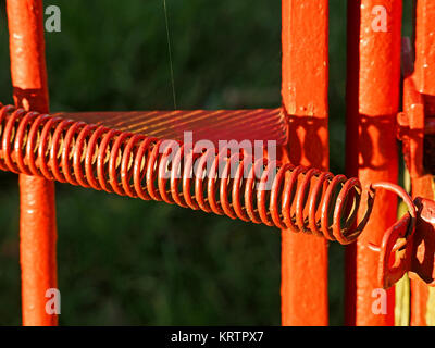 Leuchtend rote Feder verbinden Tor und gatepost wirft Schatten auf horizontalen Abschnitt von bemalte Tor in Cumbria, England, Großbritannien Stockfoto