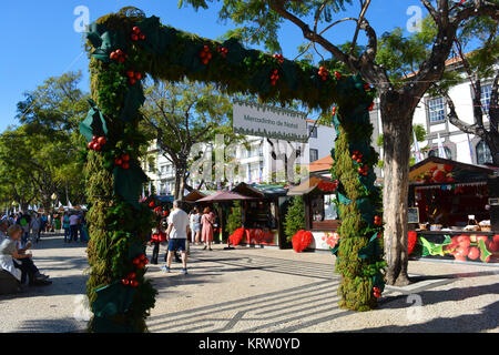 Mercadinho de Natal, der Weihnachtsmarkt auf dem Vorplatz der Avenida Arriaga, Funchal, Madeira, Portugal Stockfoto