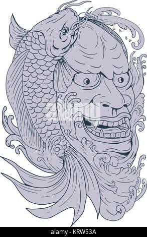 Zeichnung Skizze stil Abbildung: hannya Maske, ein Noh Theater Maske, ein eifersüchtiger weiblicher Dämon mit metallischen Augen und einen Mund mit leering Stock Vektor