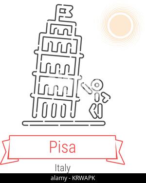 Pisa, Italien Vektorlinie Symbol mit rotem Band isoliert auf Weiss. Pisa - Sehenswürdigkeiten - Emblem - Drucken - Label - Symbol. Schiefe Turm von Pisa Piktogramm Stock Vektor