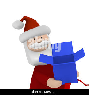 Lustige Weihnachtsmann mit einer offenen blauen Geschenkbox auf weißem Hintergrund, 3D-Rendering Stockfoto