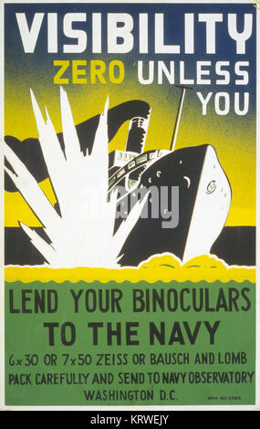 Einen zweiten Weltkrieg Plakat Amerikaner Fragen der United States Navy Bausch und Lomb oder Zeiss Fernglas zu verleihen, um die Marine deutsche U-Boote vor Ort Stockfoto