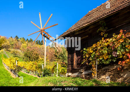 Urige Hütte und Klapotetz Windmühle am Weinberg Schilcher Wein unterwegs in West-Steiermark, Österreich Stockfoto