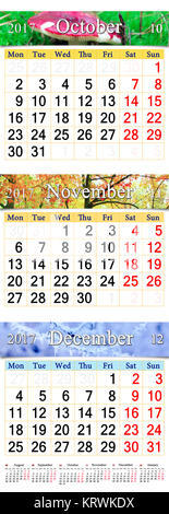 Oktober November und Dezember 2017 mit farbigen Bildern in Form von Kalender Stockfoto