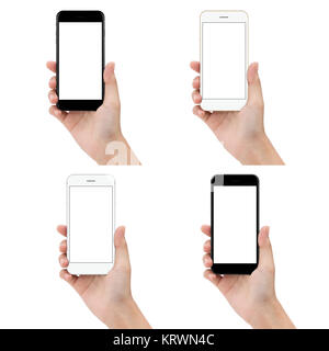 Nahaufnahme der Hand halten Telefon isoliert auf weißem Hintergrund, Mock-ups neue Smartphone leerer Bildschirm Stockfoto