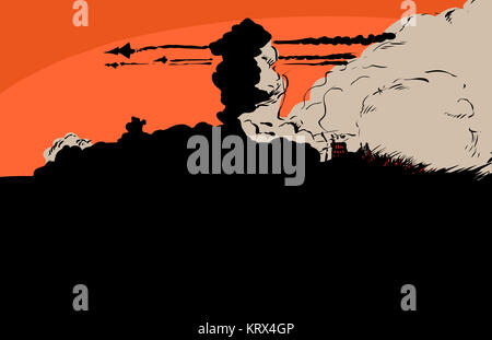 Düsenjäger über brennende Stadt Stockfoto