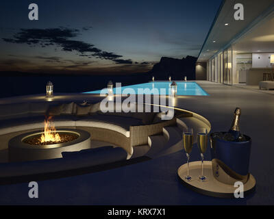 3D-Rendering von Pool Villa mit Champagner. Silvester Stockfoto