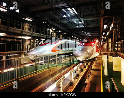 (171221) - Peking, Dez. 21, 2017 (Xinhua) - Foto auf Aug 2, 2017 zeigt bullet Züge am Parkplatz in Hongkong, Südchina. Die Hongkonger Sektion der Guangzhou-Shenzhen - Hong Kong Express Rail Link wird voraussichtlich im Jahr 2018 abgeschlossen sein. Aus Guangdong nach Hongkong und Macao, können die Menschen in einer Stadt und Schlafen in einem anderen Werk? Mit Hilfe der Anschluss an die Infrastruktur, wird es Erreichbare "eine Stunde Kreis' in der Bay Area, in naher Zukunft. Die Guangdong-Hong Kong-Macao Bay Area, als Stadt Cluster, die gesamte Bevölkerung von 66 Stockfoto