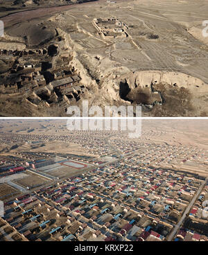 (171222) - WUZHONG, Dez. 22, 2017 (Xinhua) - Combo Foto am Dez. 21, 2017 zeigt den ehemaligen Standort (oben) und die Umsiedlung der Hantianling Dorf Hexi Township, Wuzhong Stadt, Ningxia Hui autonomen Region. Hantianling Dorfbewohner wurden an andere lebenswerte Orte in 2013 verlegt. Hantianling, d. h. der Berg der Dürre in Chinesisch, in die entlegensten Bergregionen Region Ningxia. Die jährliche Verdunstung ist hier mehr als 2.000 mm, mittlerweile ist die jährliche Niederschlagsmenge beträgt nur rund 200 mm. Dürre hatte immer die größte Bedrohung für die lokale Bevölkerung. Es gab nie en Stockfoto