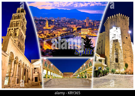 Stadt Split abend Postkarte mit Label Stockfoto