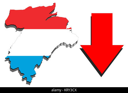 Luxemburg Karte mit weißem Hintergrund und roter Pfeil nach unten Stockfoto