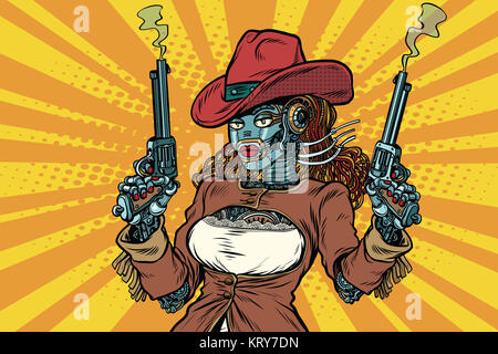 Roboter-Frau-Gangster-Steampunk-Wild-West Stockfoto