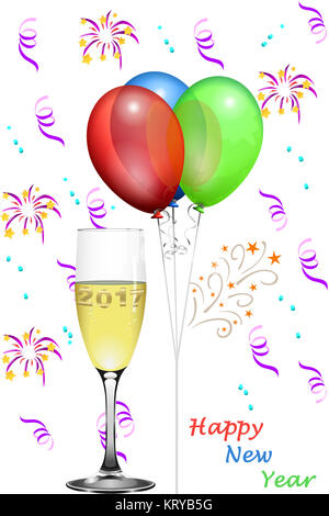 Ballons und Konfetti Champagner Glas und Text Frohes neues Jahr Stockfoto