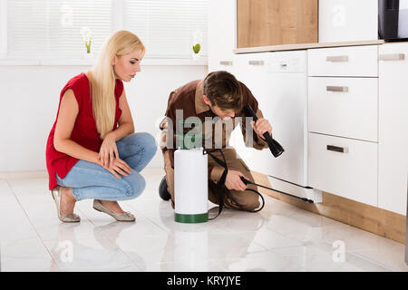 Frau an männlichen Arbeitnehmers Sprühen von Insektiziden Suchen Stockfoto