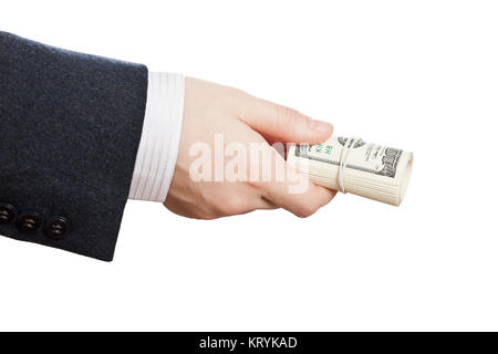 Business mann Hand aufgerollt Papier-Währung Stockfoto