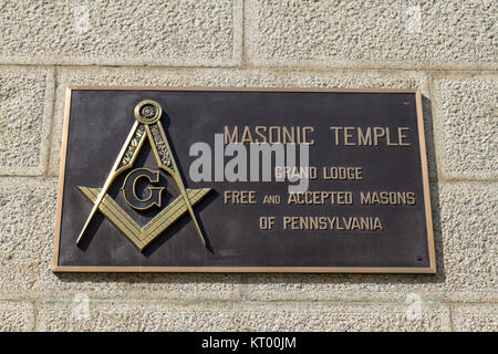 Die Masonic Temple Typschild, Philadelphia, Pennsylvania, United States. Stockfoto